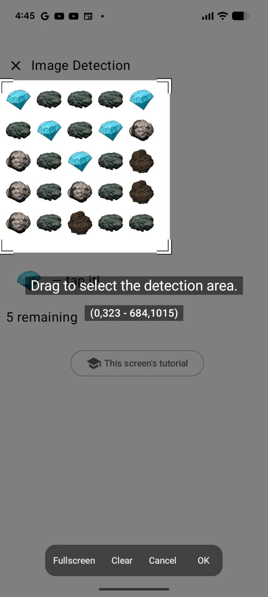 "Drag to select the detection area." — the grid on the practice screen picked out as the detection area