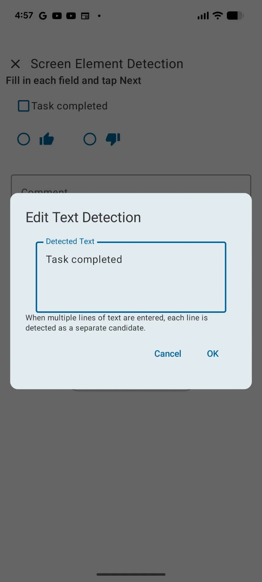 The Edit Text Detection dialog with "Task completed" typed into Detected Text