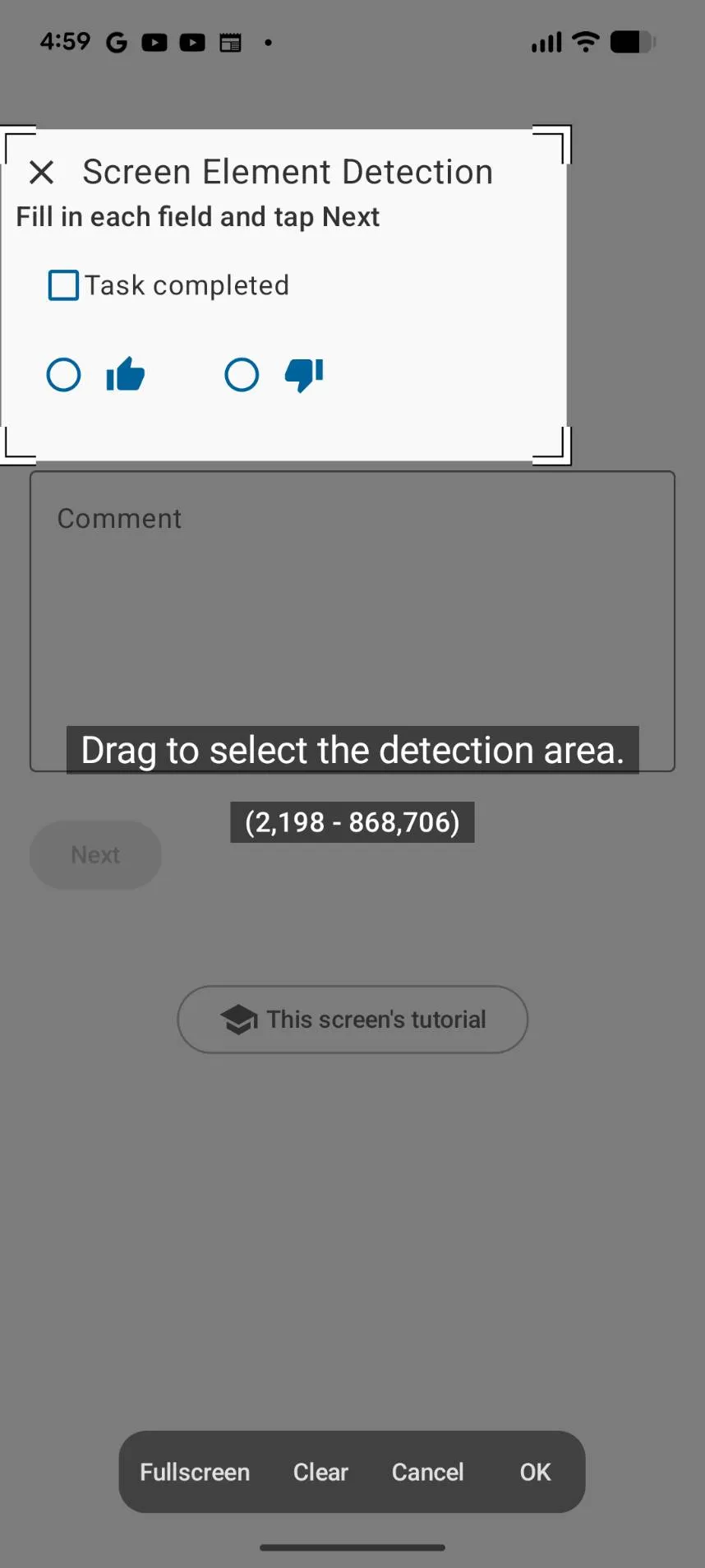 "Drag to select the detection area." — the area drawn down to the checkbox row, leaving the comment box and the Next button outside it